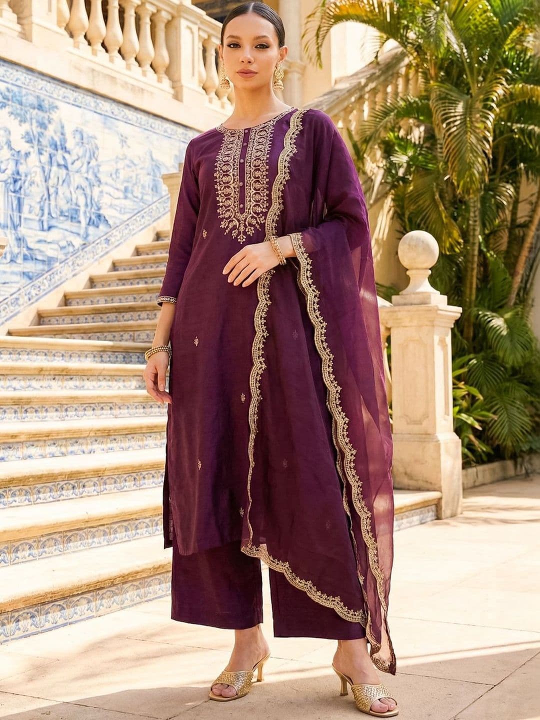 Indo Era Ethnic Motifs Embroidered Organza Dupatta with Sequinned - view 1