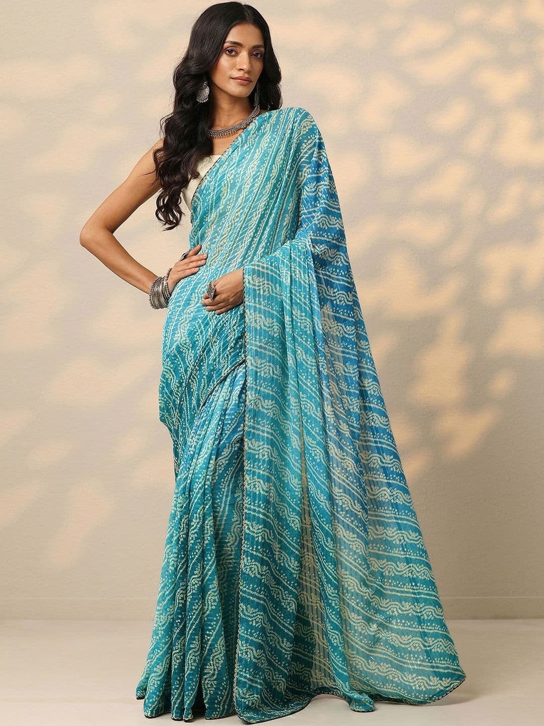 Libas Teal Bandhani Printed Chiffon Saree With Unstitched Blouse Piece - view 1