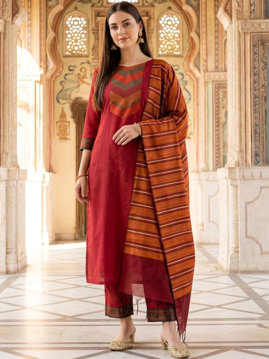 Indo Era Striped Art Silk Dupatta with Sequinned - view 1
