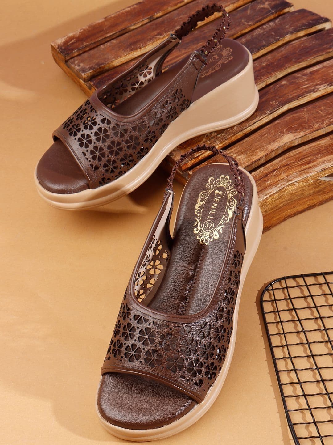 Denill Textured Wedge Sandals with Laser Cuts - view 1