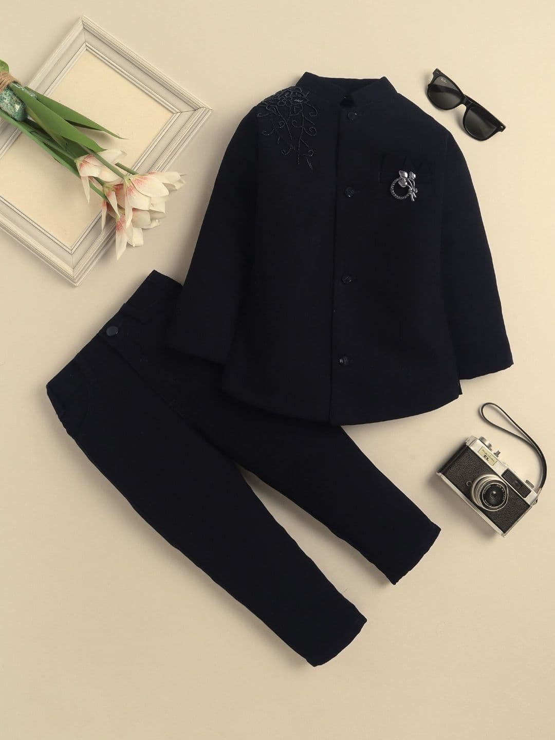 Sangria Boys Embroidered Mandarin Collar Sherwani Set - view 1