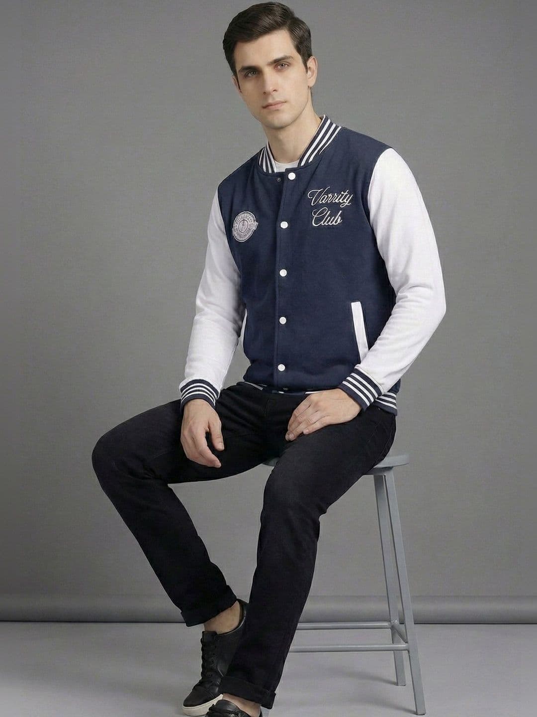 Mast & Harbour Men Typography Colourblocked Fleece Lightweight Outdoor Varsity Jacket with Embroidered - view 1