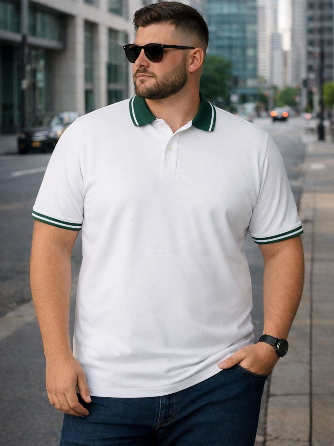 VEIRDO Men White Solid Pure Cotton Plus Size Polo Collar T-shirt - view 1