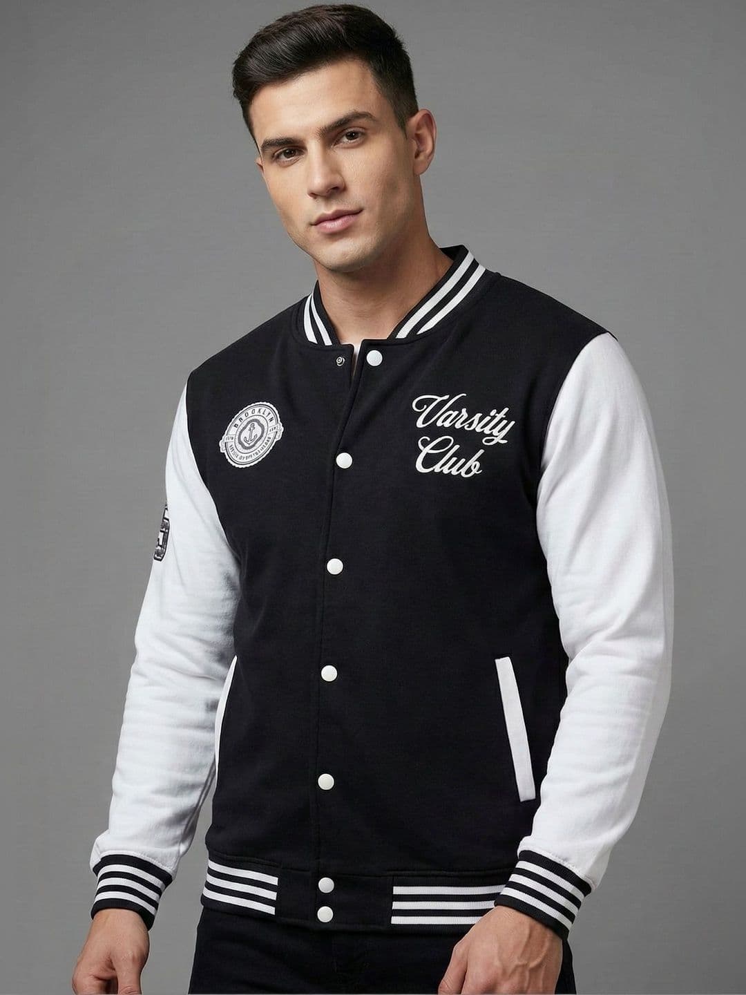Mast & Harbour Men Typography Colourblocked Fleece Varsity Jacket with Embroidered - view 1