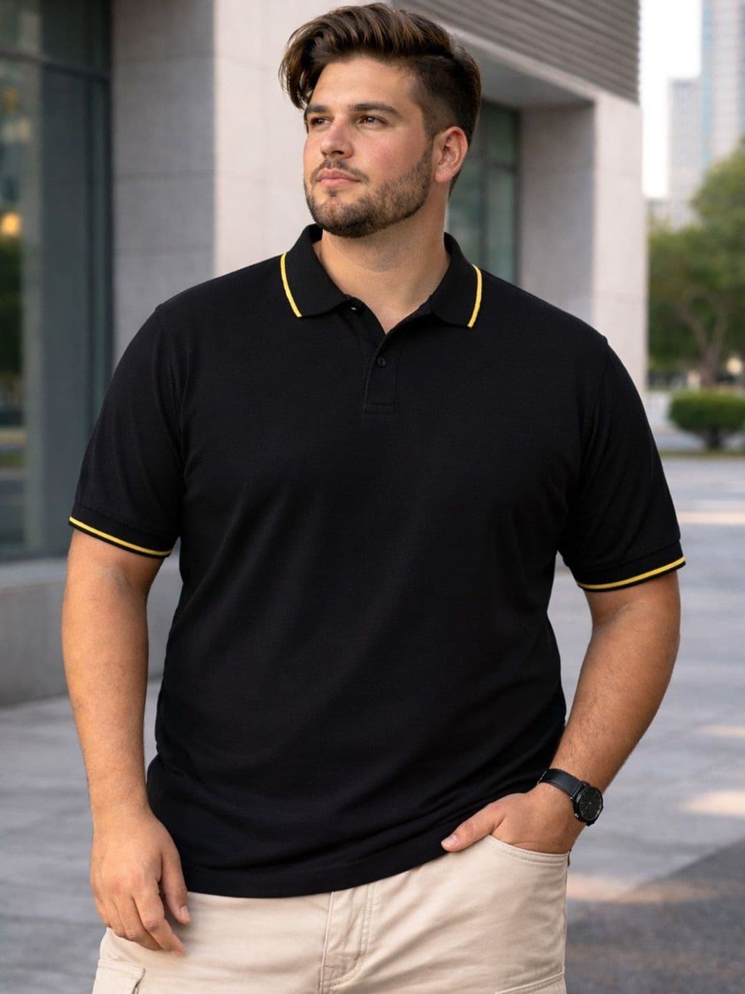 VEIRDO Men Black Solid Pure Cotton Plus Size Polo Collar T-shirt - view 1