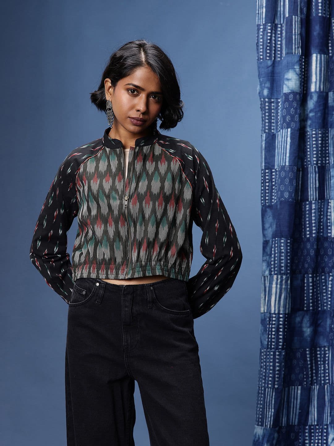 Taavi Geometric Woven Design Crop Ikat Jacket - view 1