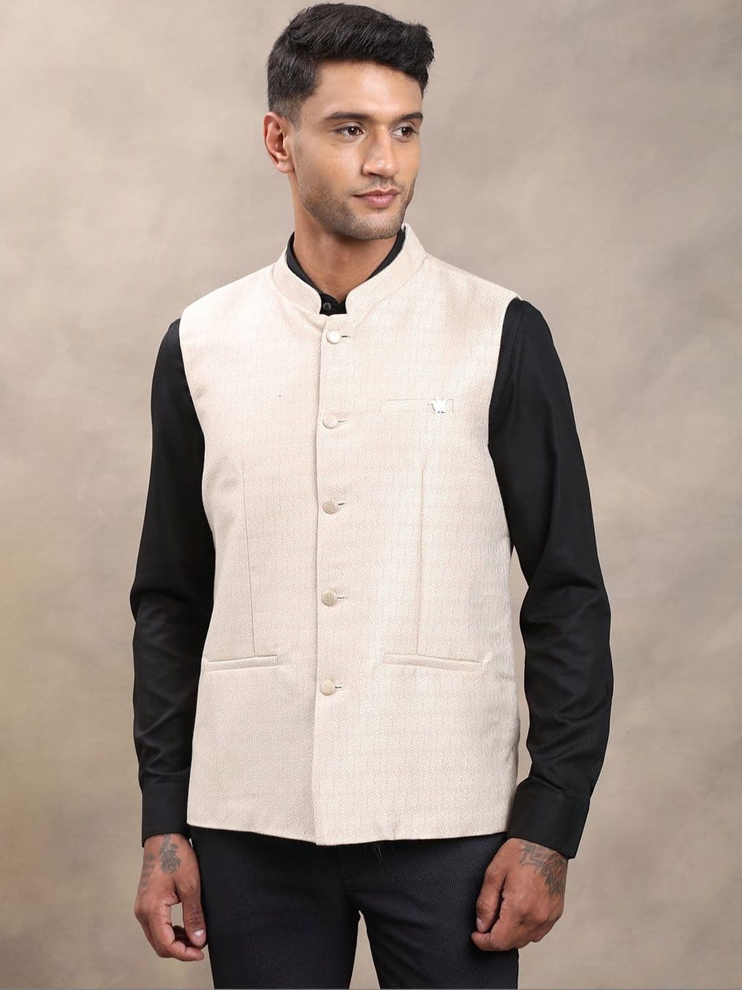 Turtle Woven Design Mandarian Collar Neck Woven Nehru Jacket - view 1