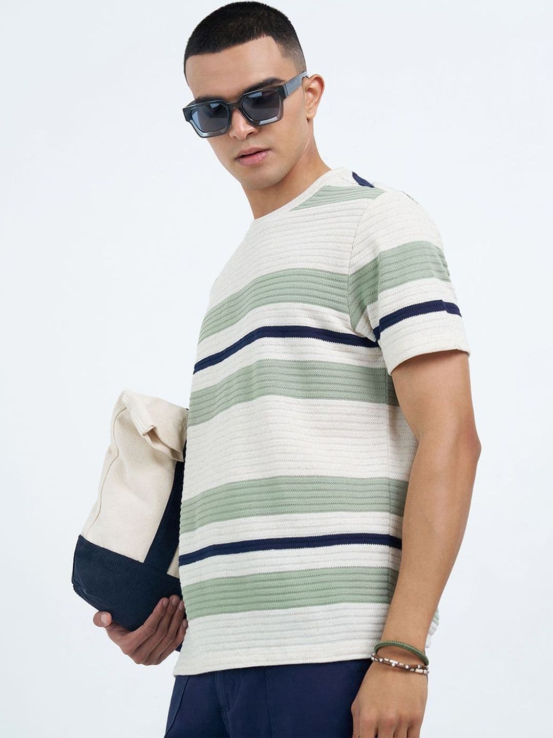 7 Alt by Pantaloons Men Striped T-shirt - view 1
