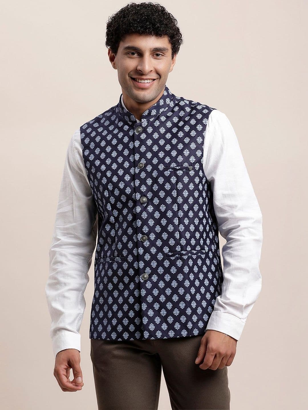 Turtle Printed Mandarian Collar Neck Woven Nehru Jacket - view 1