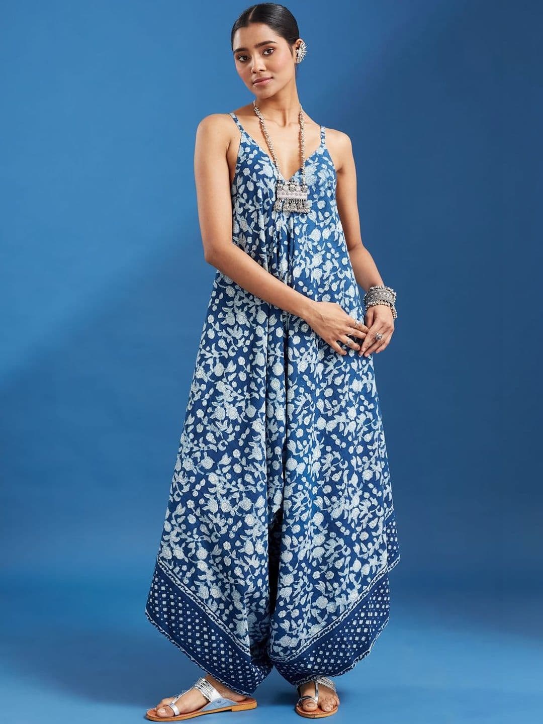 Taavi Pure Cotton Indigo Floral Handblock Printed Shoulder Adjustable Strap Jumpsuit - view 1