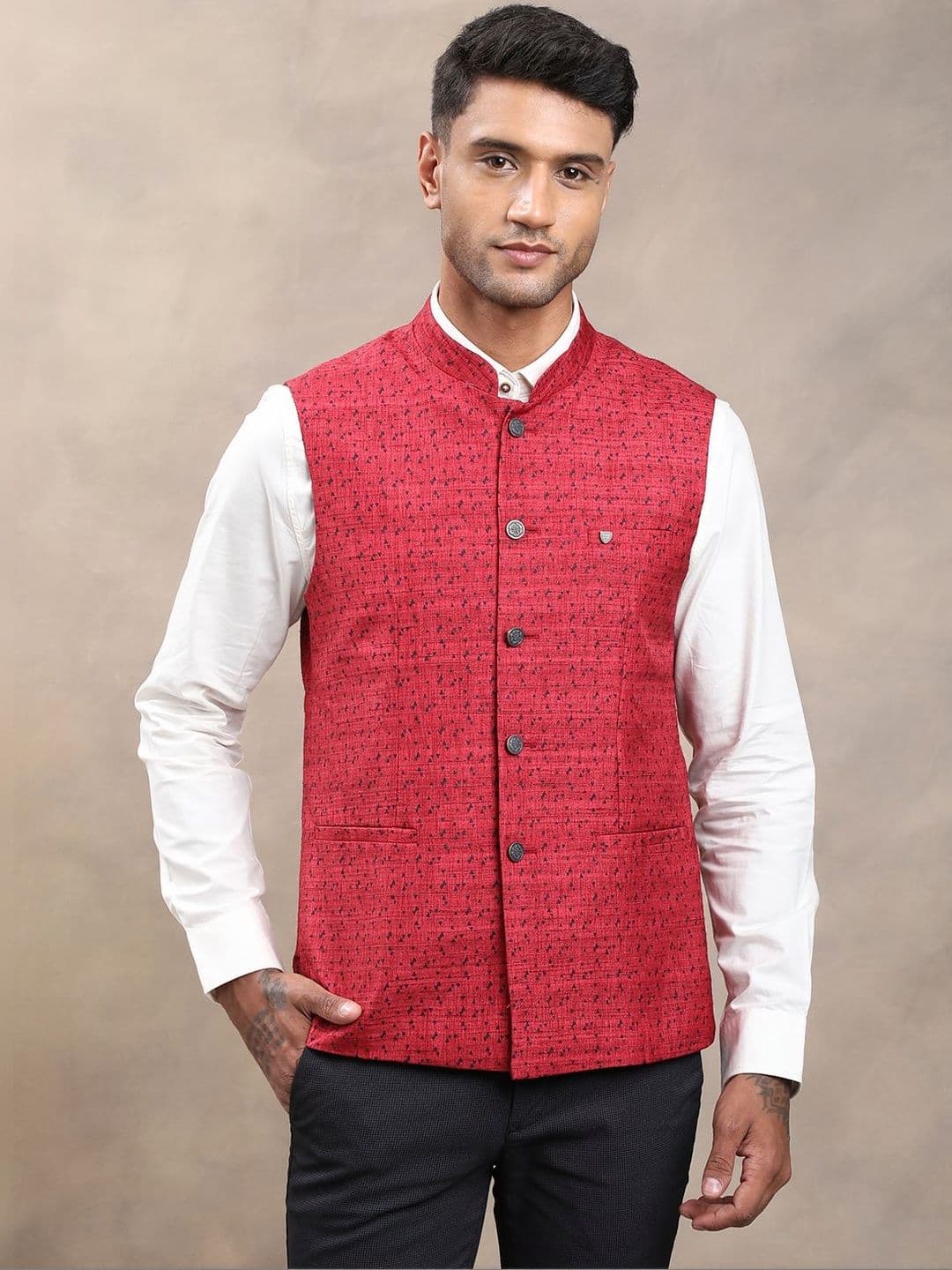 Turtle Woven Design Tailored-Fit Pure Cotton Woven Nehru Jacket - view 1