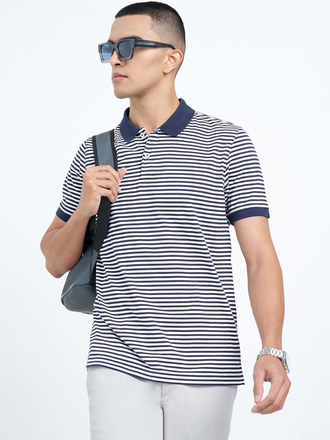Peregrine by Pantaloons Men Striped Polo Collar Slim Fit T-shirt - view 1