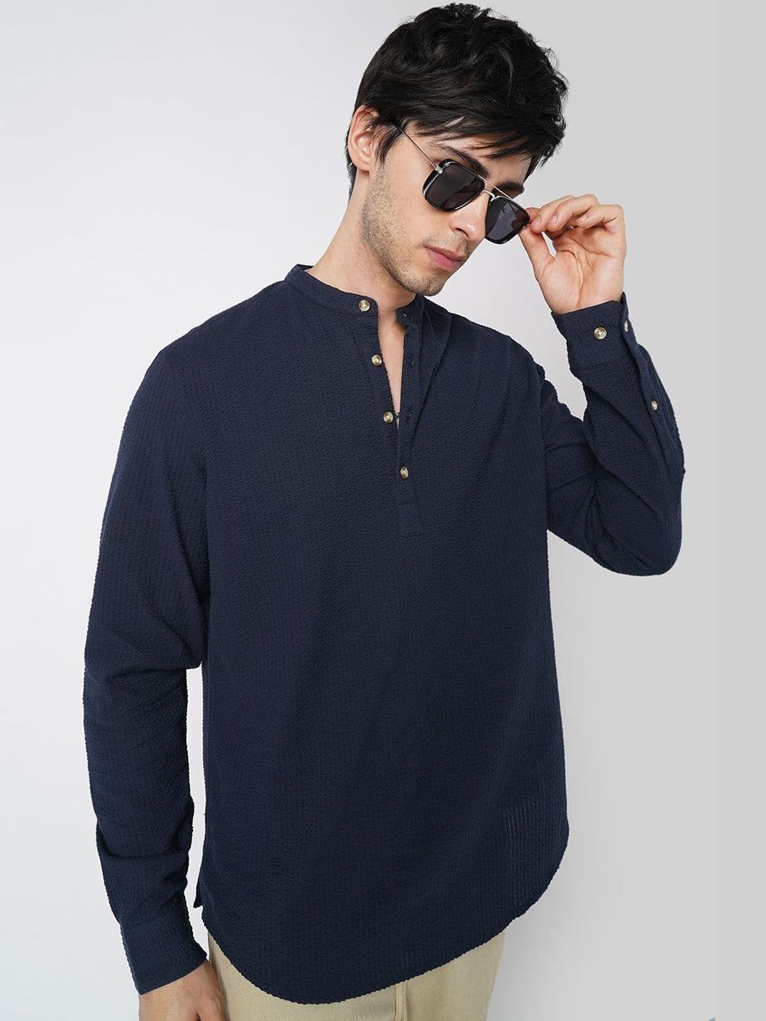 VASTRADO Men Thread Work Navy Regular Sleeves Flared Kurta - view 1
