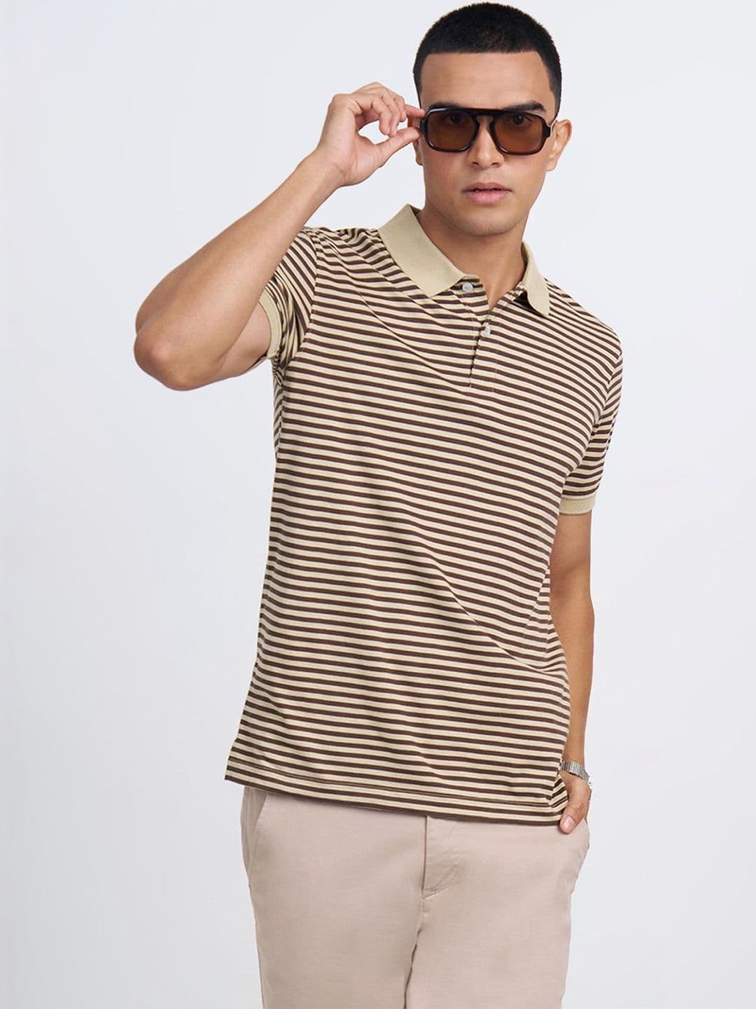 Peregrine by Pantaloons Men Striped Polo Collar Slim Fit T-shirt - view 1