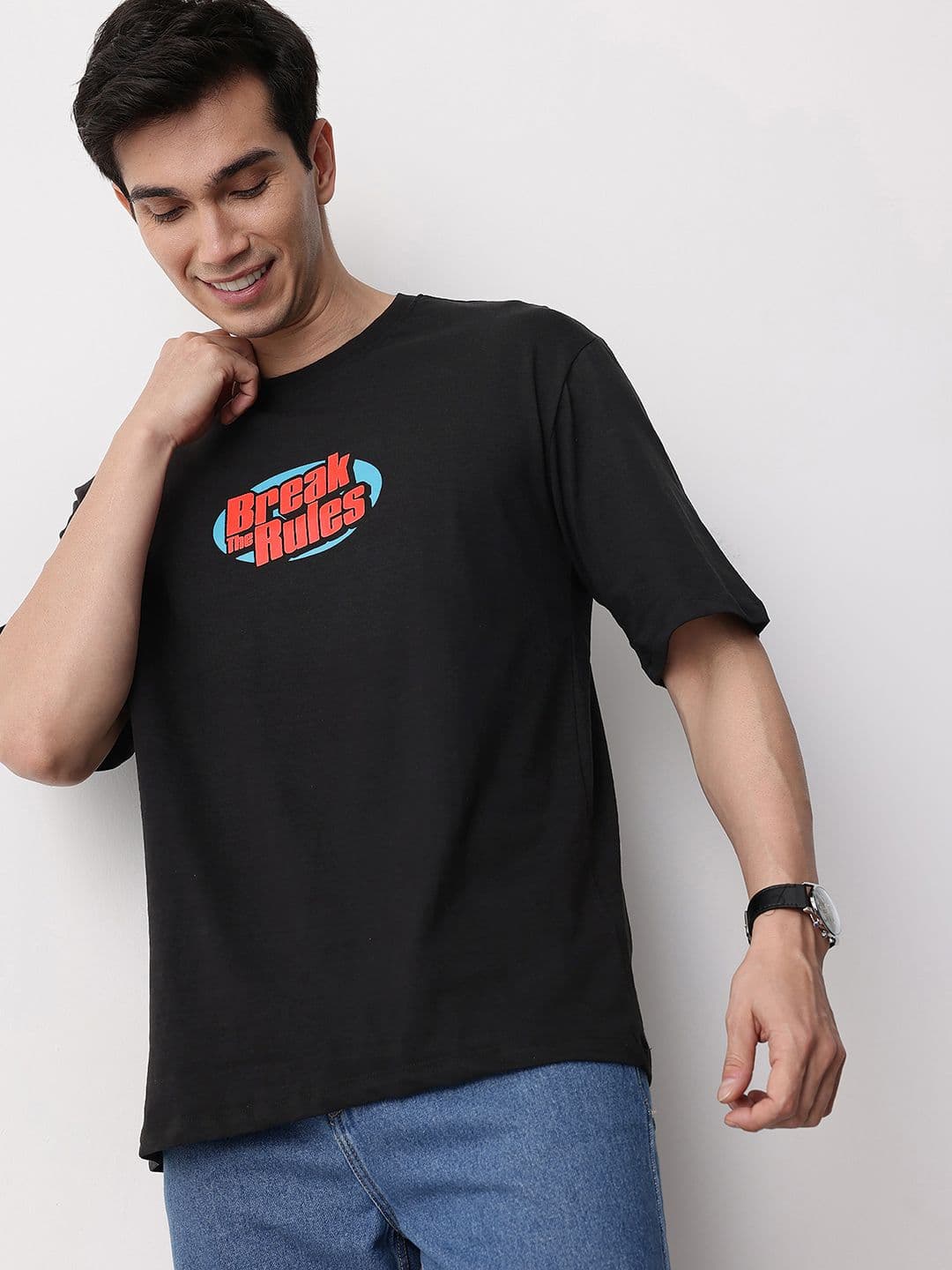 Mast & Harbour Typography Printed Drop-Shoulder Sleeves Pure Cotton T-shirt - view 1