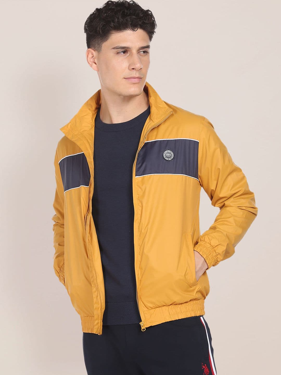 U.S. Polo Assn. Men Mustard & Grey Colourblocked Lightweight Bomber Jacket - view 1
