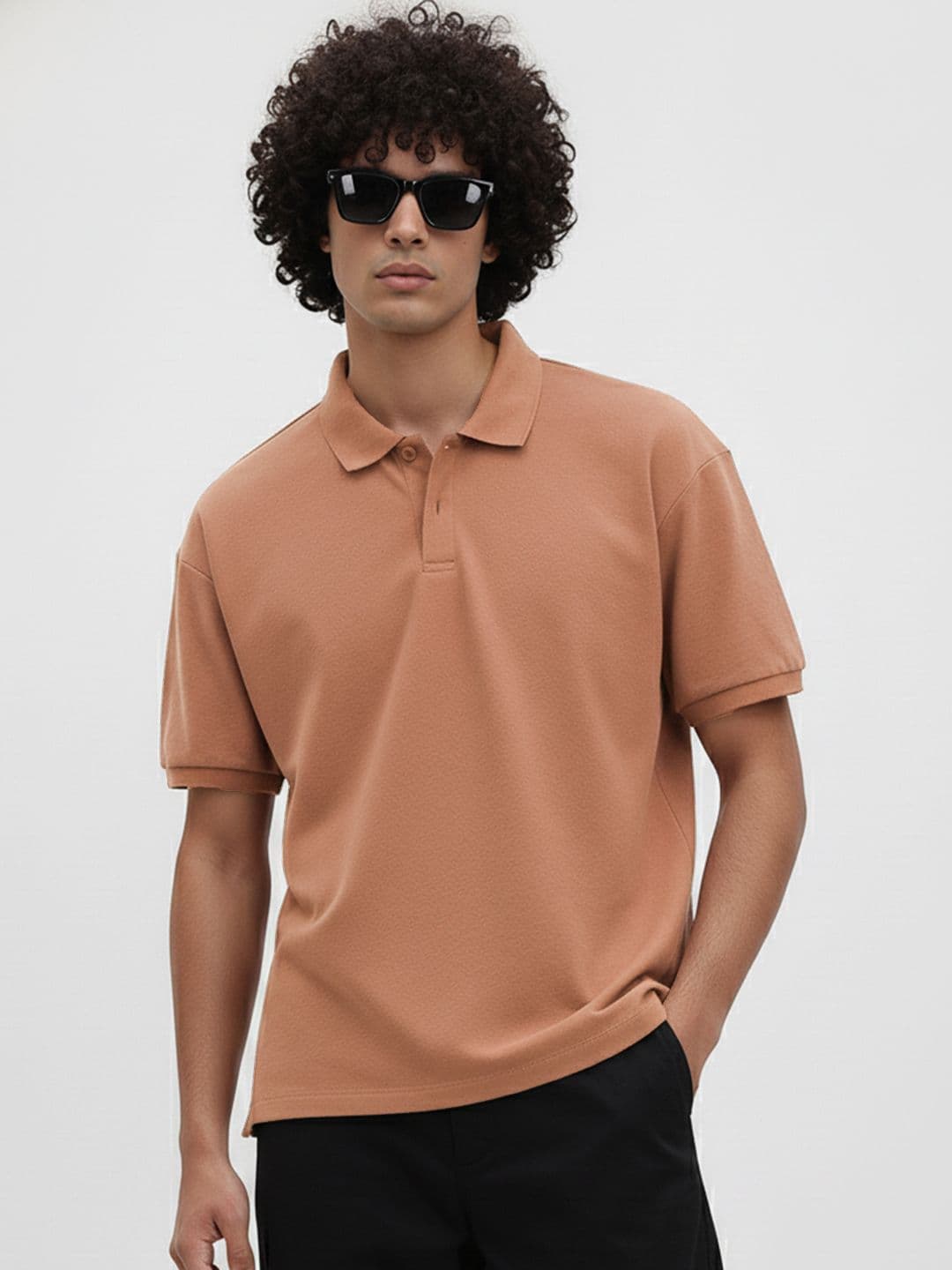 The Roadster Life Co. Geometric Self Design Polo Collar Oversized T-shirt - view 1