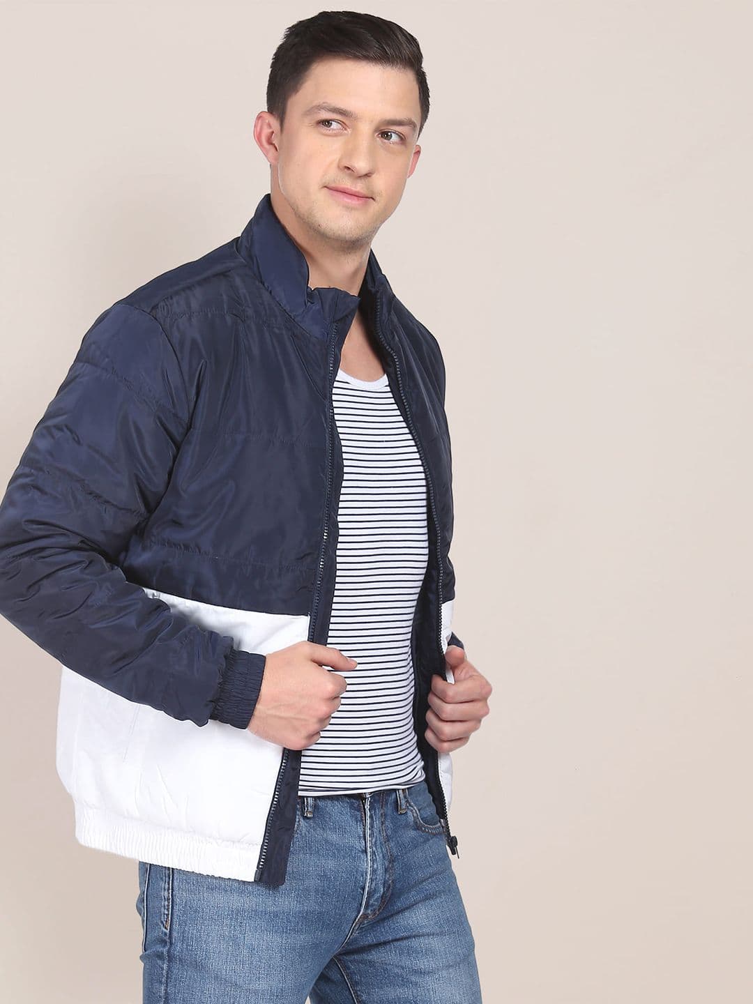 U.S. Polo Assn. U S Polo Assn Men Navy Blue And White Colourblocked Puffer Jacket - view 1