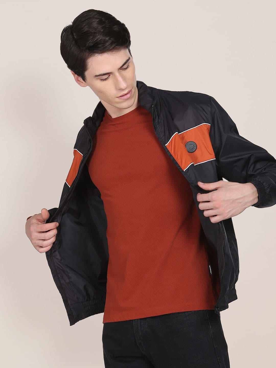 U.S. Polo Assn. Men Black & Rust Colourblocked Lightweight Bomber Jacket - view 1