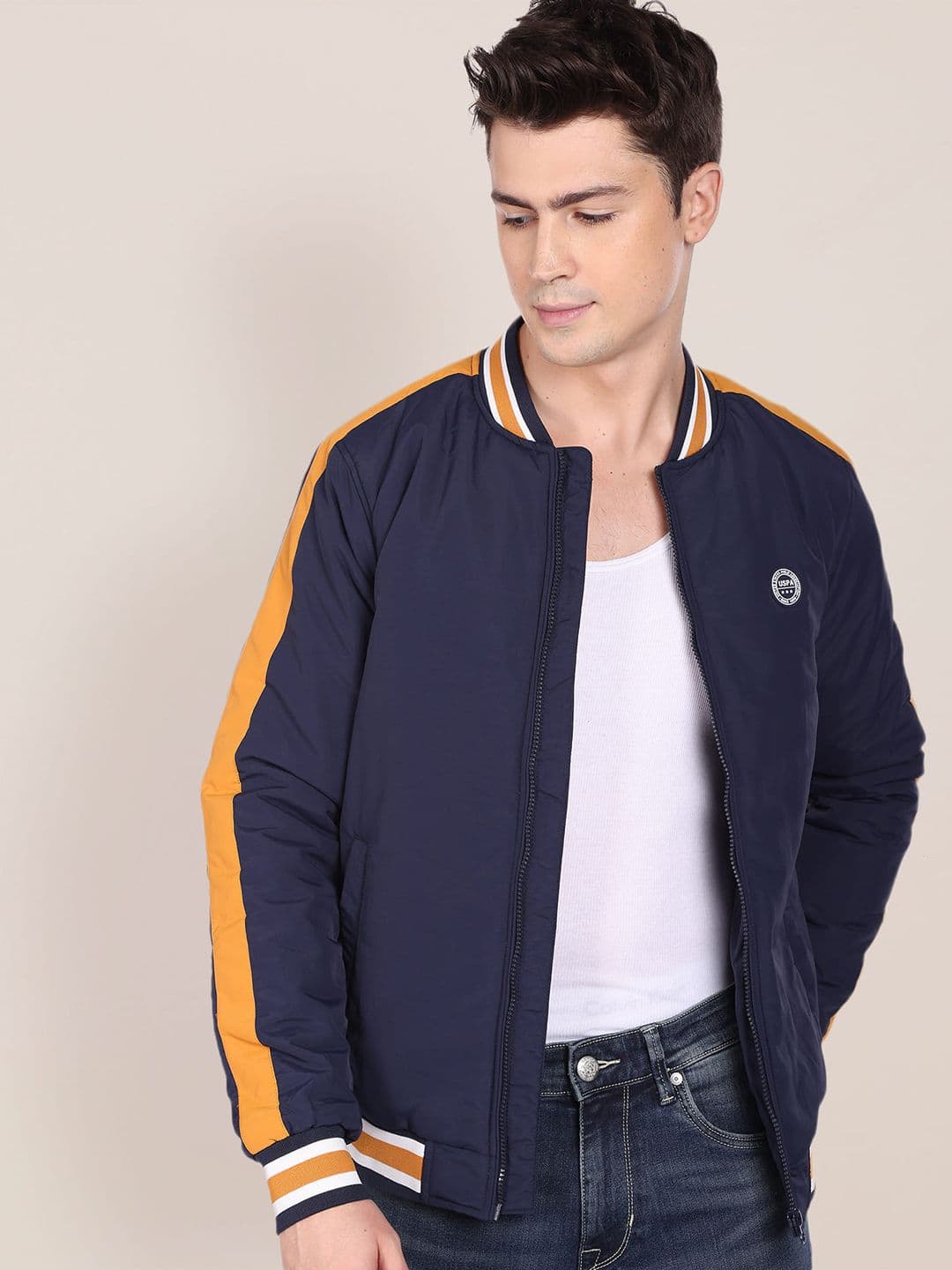 U.S. Polo Assn. U S Polo Assn Men Navy Blue Solid Stand-Collar Bomber Jacket With Side Stripes - view 1