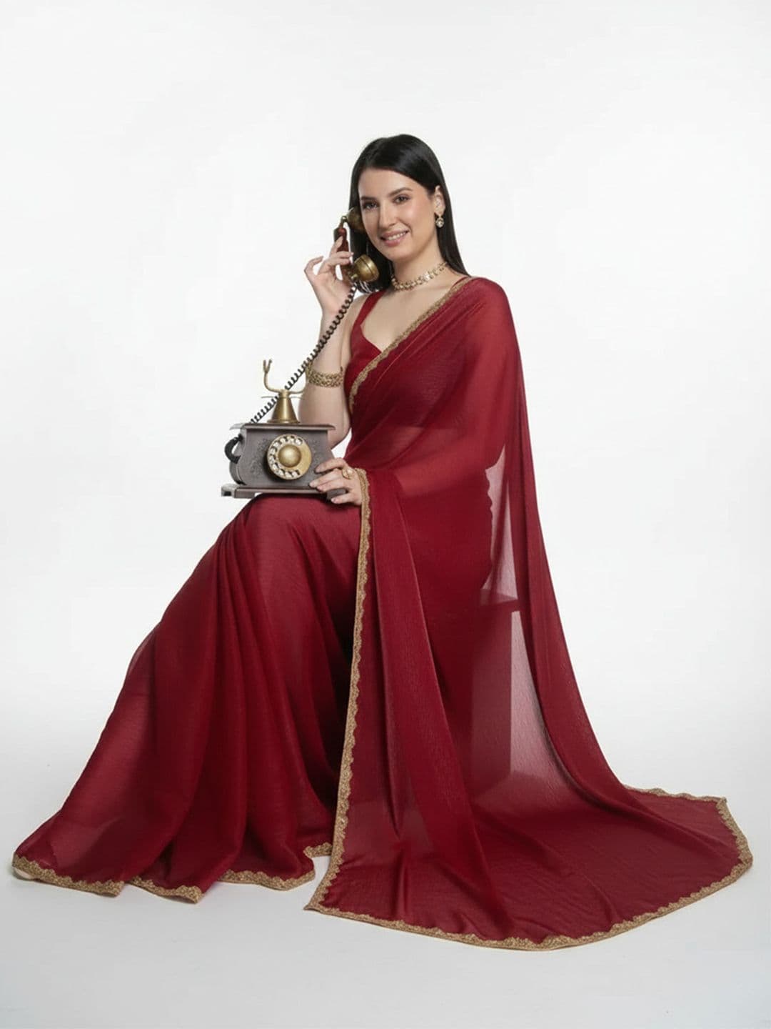 VRAGI Beads and Stones Pure Chiffon Ready to Wear Saree - view 1