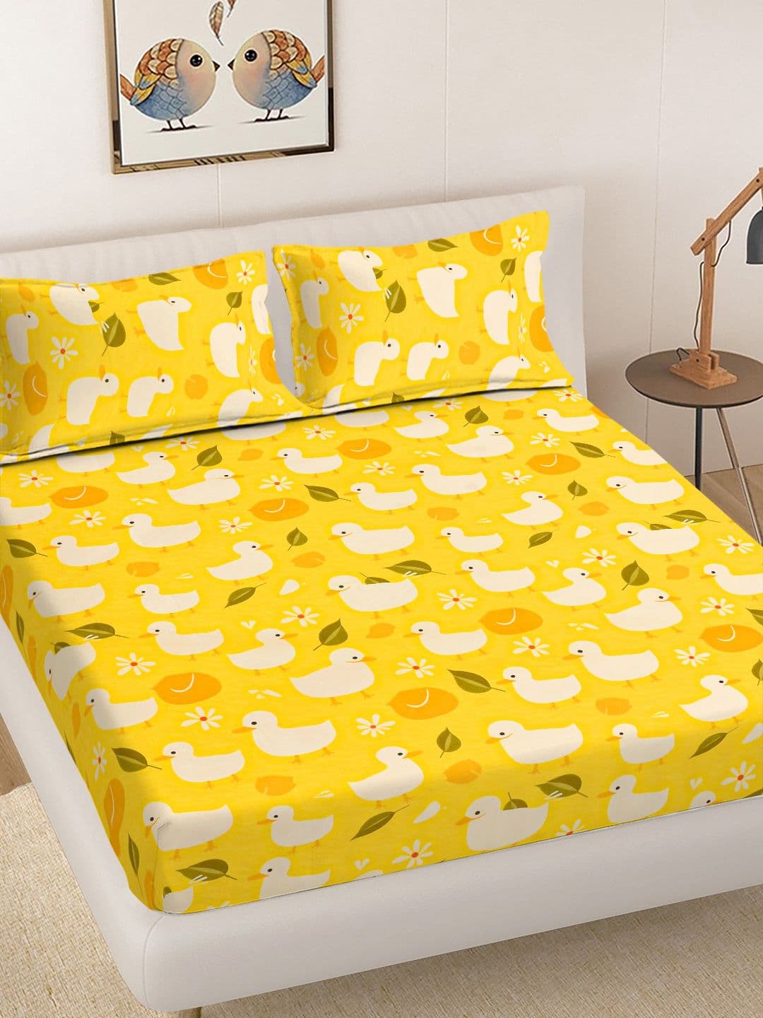 FABINALIV Yellow Cartoon Print Polycotton King Bedsheet with 2 Pillow Covers - view 1