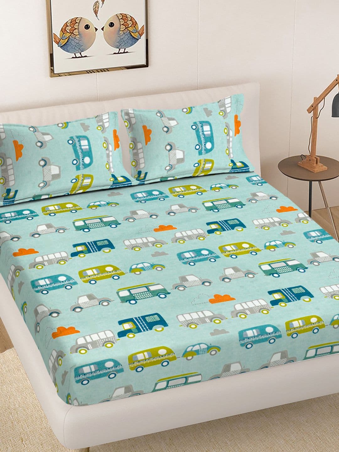 FABINALIV Turquoise Blue Cartoon Print 300 TC King Bedsheet with 2 Pillow Covers - view 1