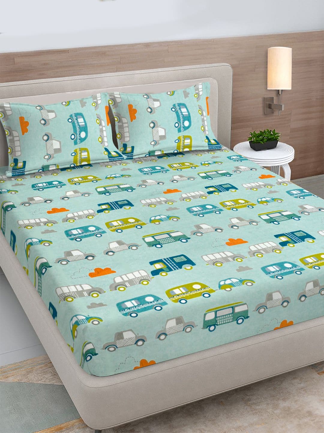 FABINALIV Blue Cartoon Print Polycotton 300 TC King Bedsheet with 2 Pillow Covers - view 1