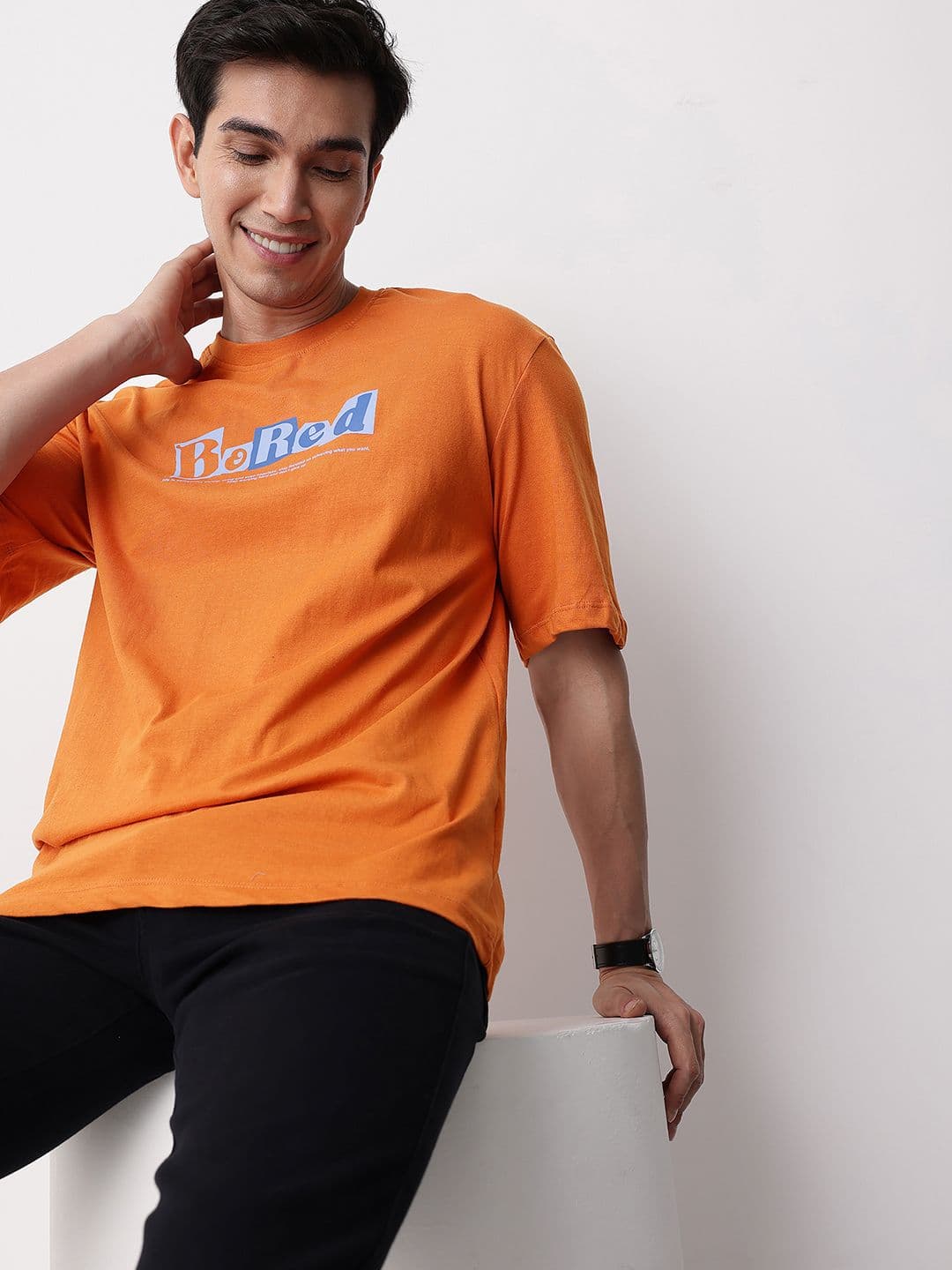 Mast & Harbour Typography Printed Drop-Shoulder Sleeves Pure Cotton T-shirt - view 1