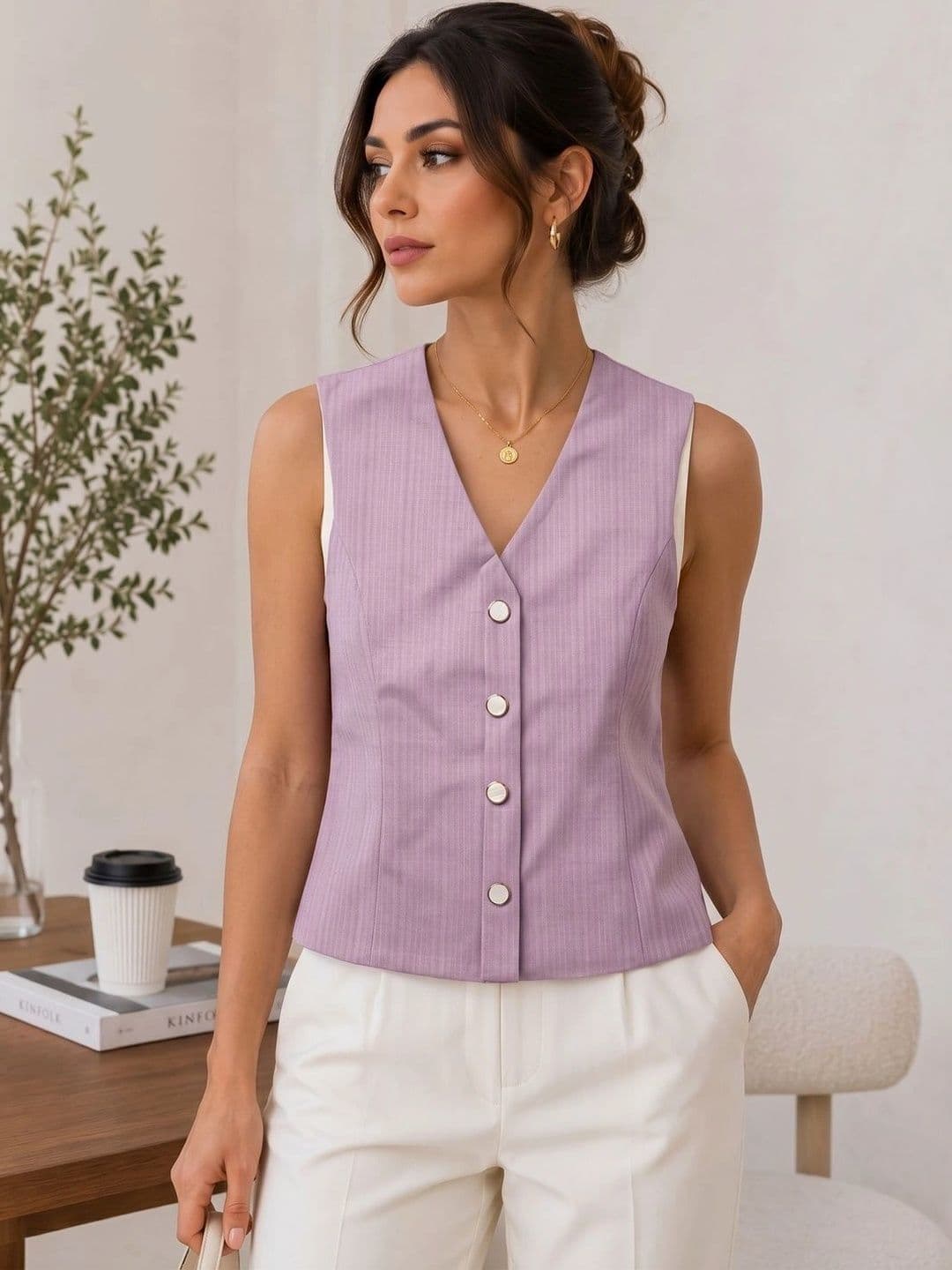 NEW-18 Striped V-Neck Woven Casual Waistcoat - view 1
