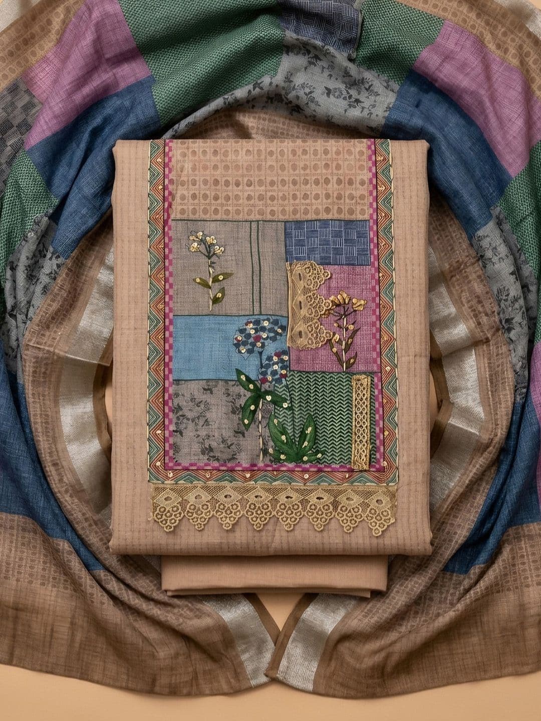 Meena Bazaar Printed Linen Unstitched Dress Material - view 1