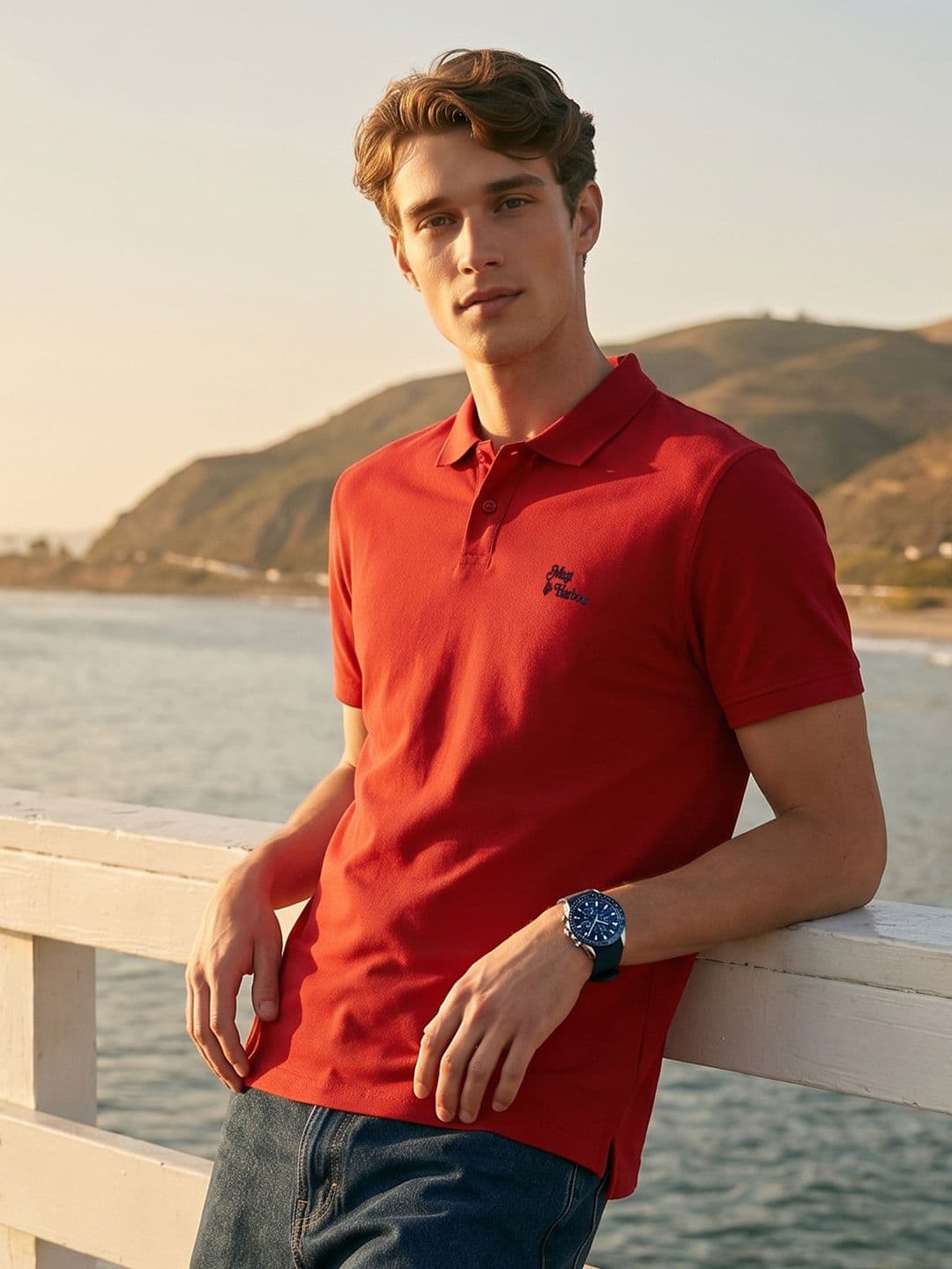 Mast & Harbour Brand Logo Polo Collar Pure Cotton T-shirt - view 1