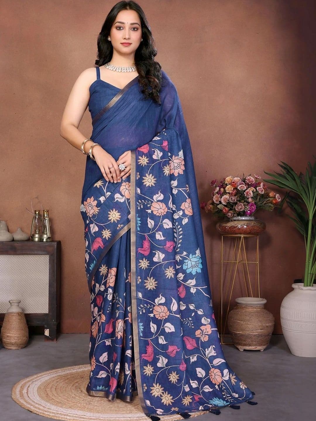 SAMANTHA Floral Zari Linen Blend Fusion Khadi Ready To Wear Saree - view 1