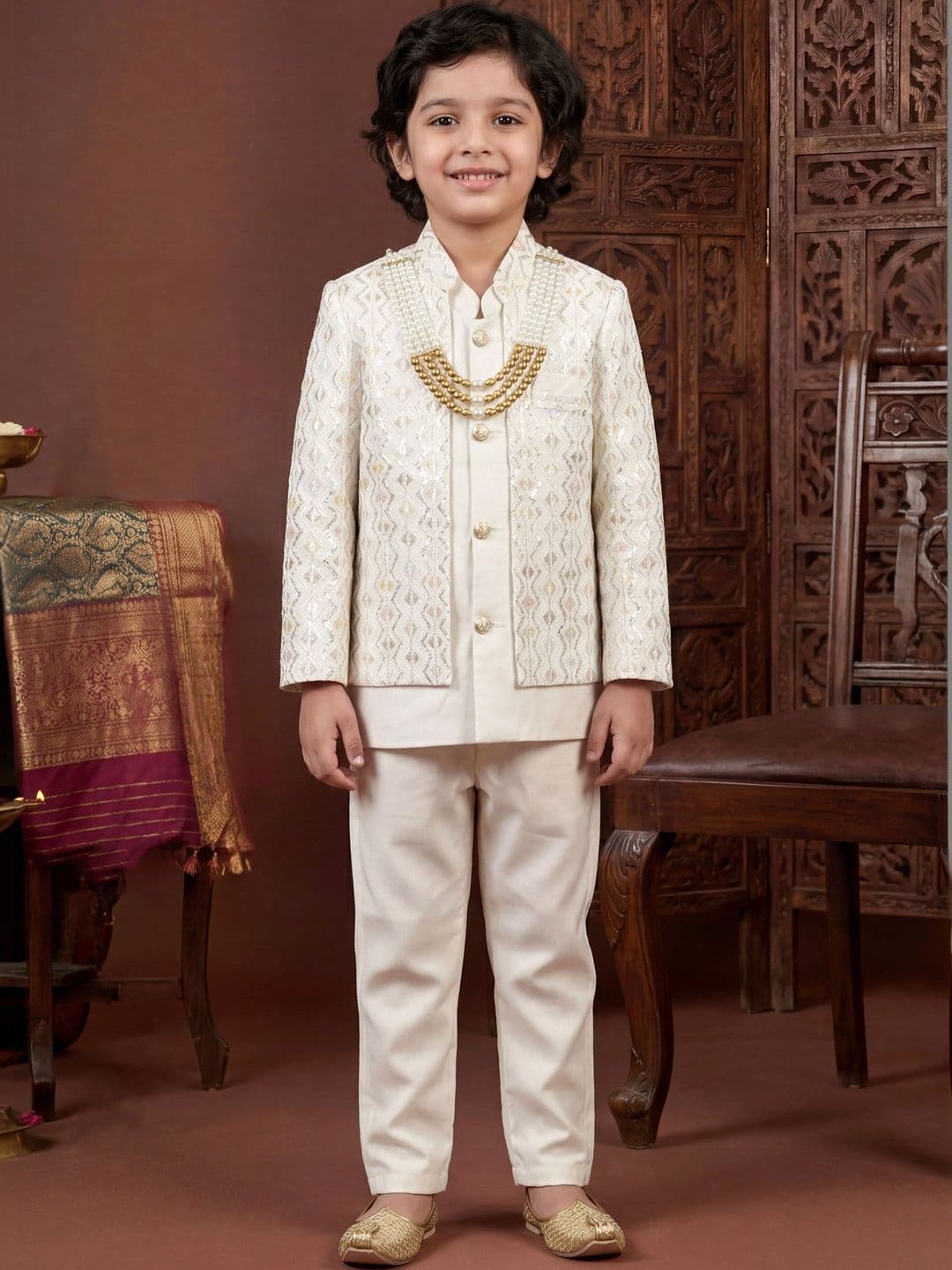 Sangria Boys Chevron Sequined Sherwani Set With Jacket & Necklace - view 1