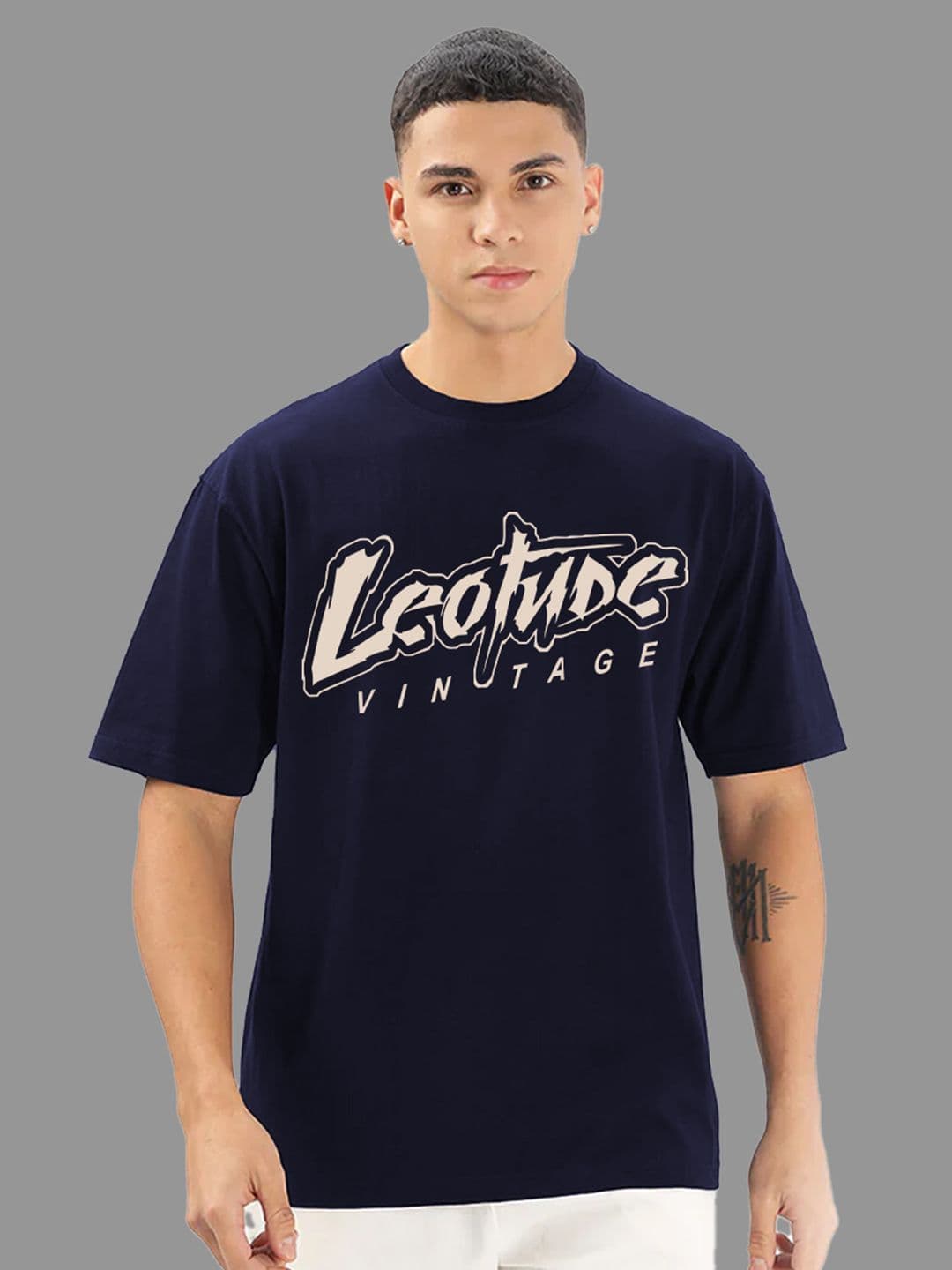Leotude Men Typography Printed Round Neck Cotton Oversized T-shirt - view 1