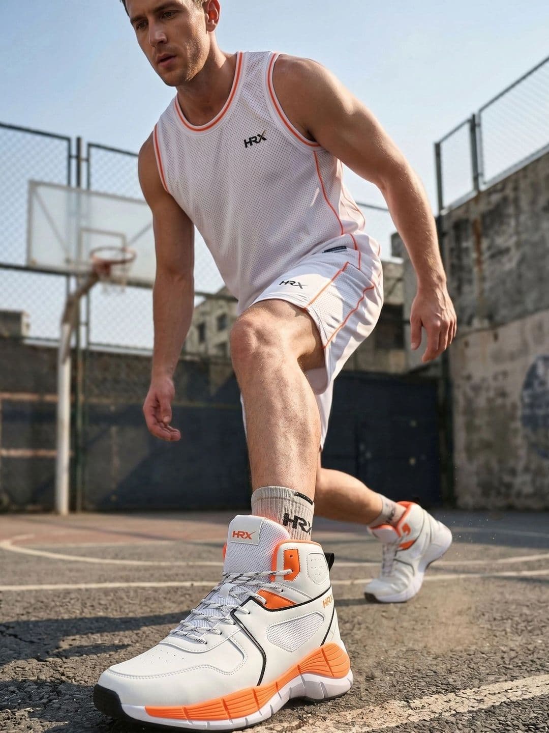 HRX by Hrithik Roshan Men Off White & Orange Rebound Mid Top Perforations Comfort Sneakers - view 1