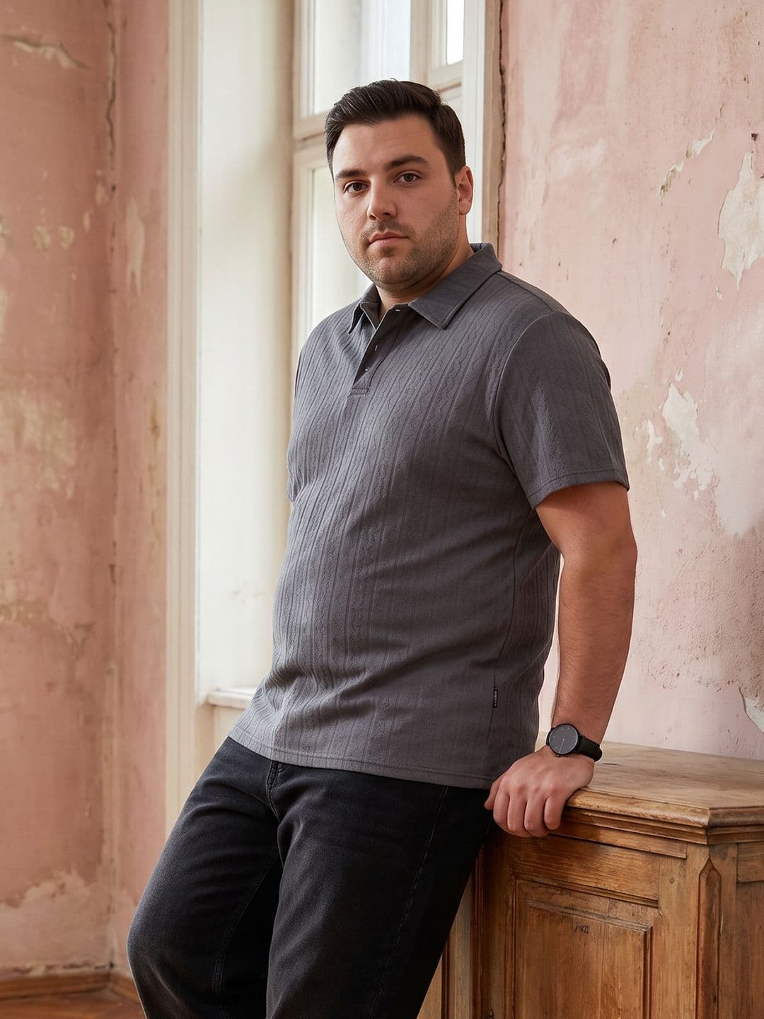 Sztori Plus Size Chevron Self Design Polo Collar T-shirt - view 1
