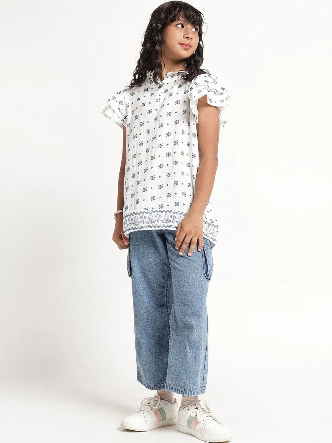UNDER FOURTEEN ONLY Geometric Print Flutter Sleeve Ruffles Cotton Top - view 1