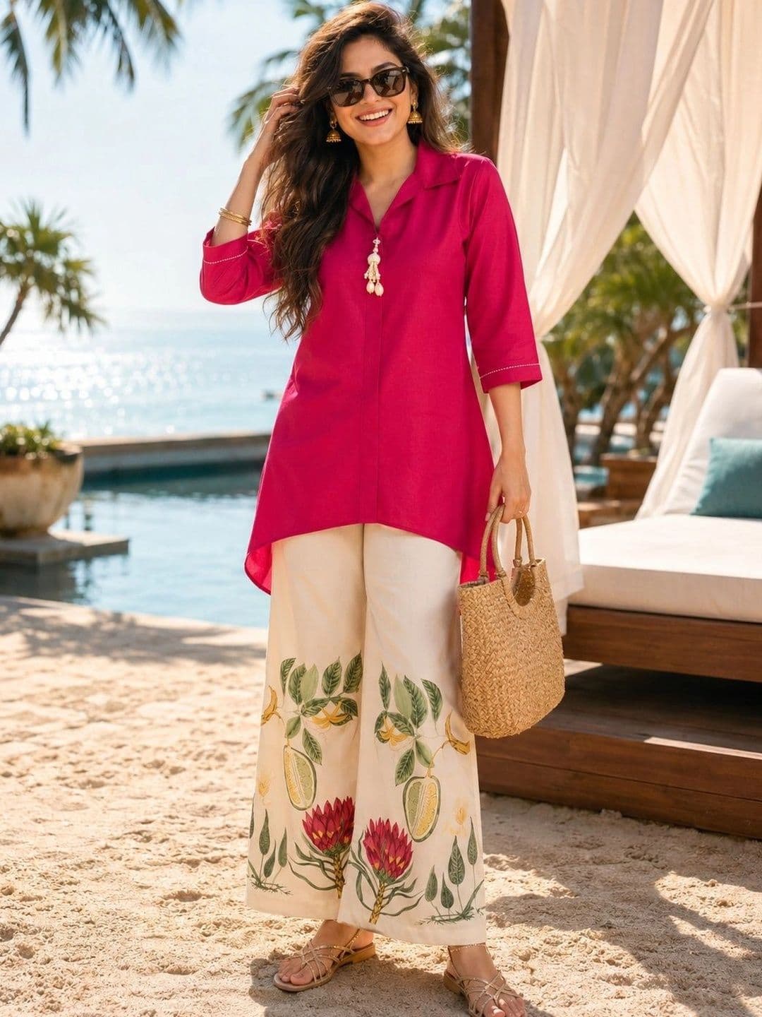 Berrylicious Tropical Cotton Solid Tunic with Palazzos - view 1