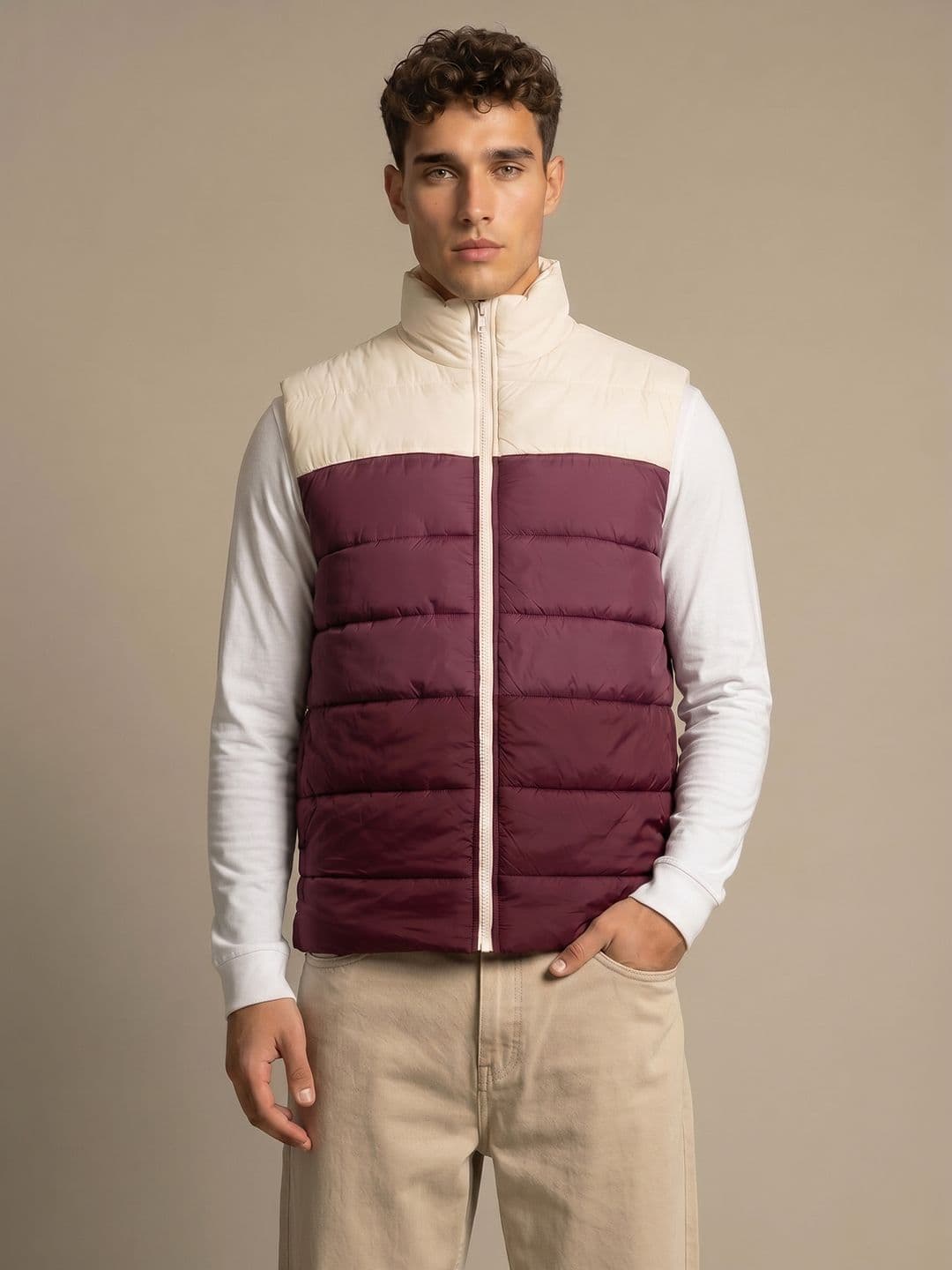 glitchez Stand Collar Colourblocked Relaxed Fit Gilet Jacket - view 1
