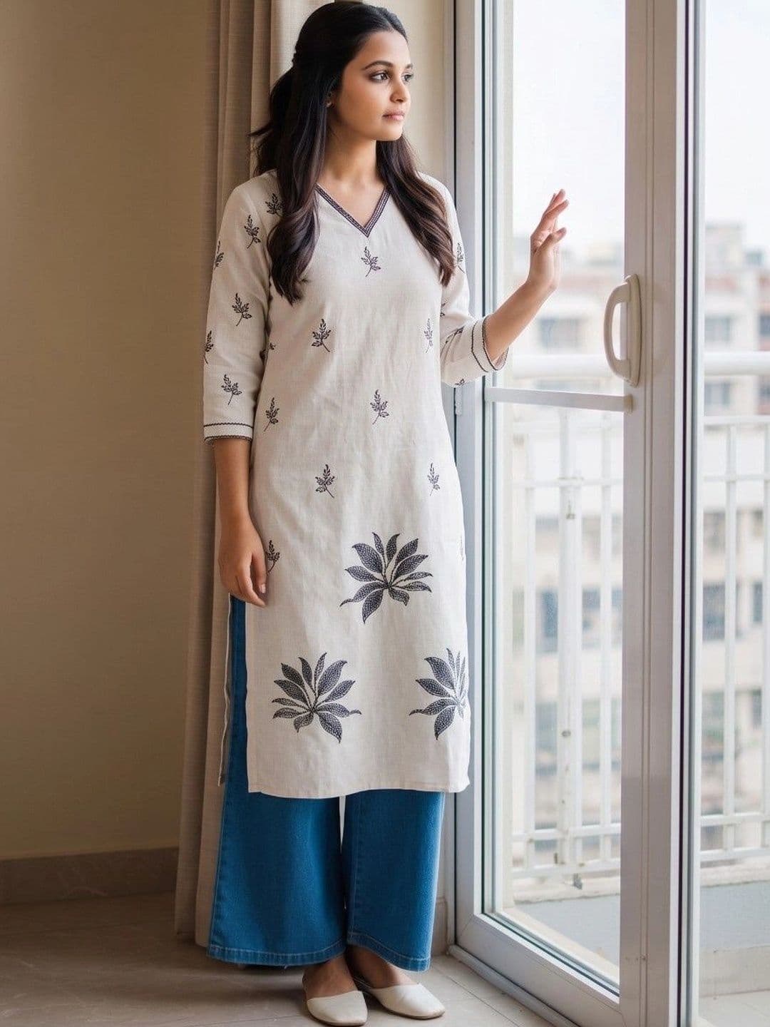 AXI COUTURE Botanical Printed V-Neck Pure Cotton Kurti - view 1