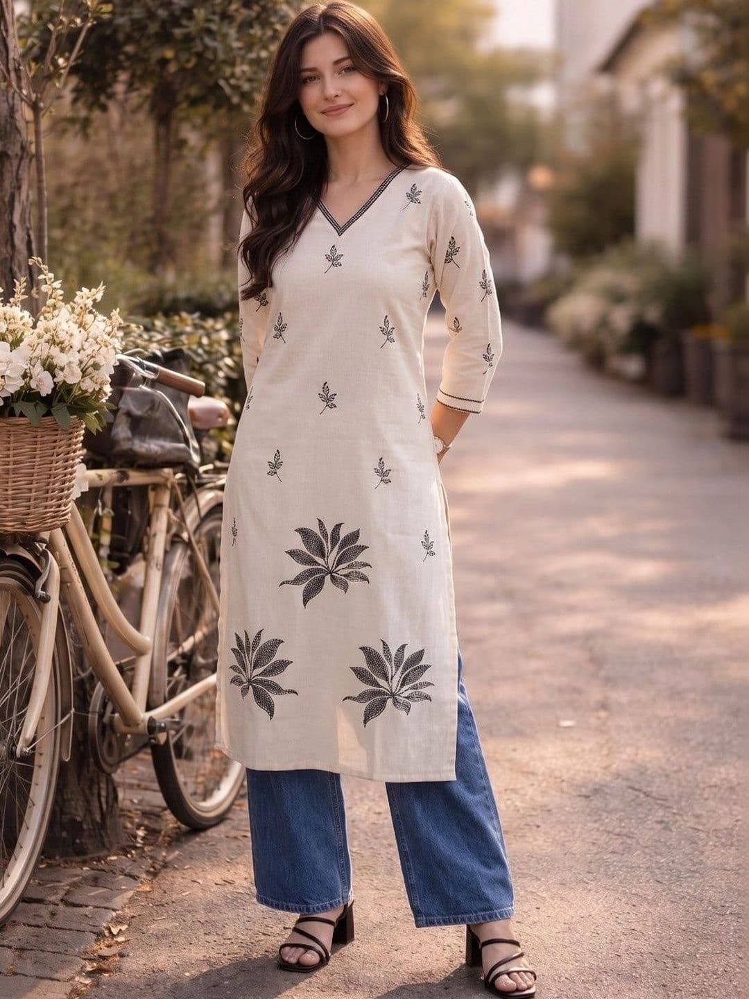 AXI COUTURE Botanical Printed V-Neck Pure Cotton Kurti - view 1