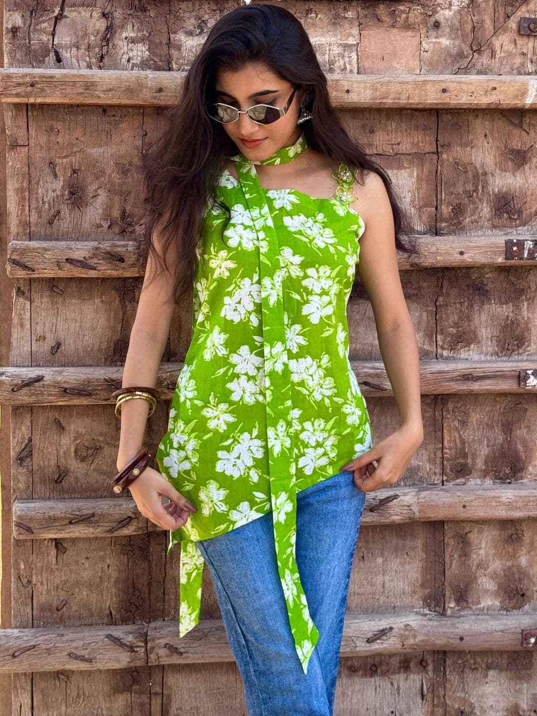 Rashijangidofficial Floral Printed Halter Neck Pure Cotton Kurti - view 1