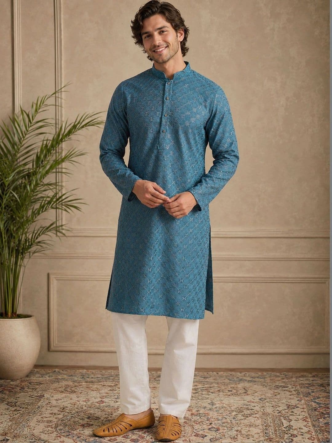 Anouk Teal Blue Self-Embroidered Viscose Kurta - view 1