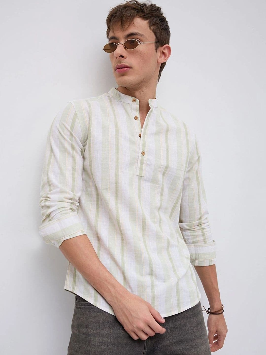 VASTRADO Greenline & White Vertical Stripe Kurta - view 1