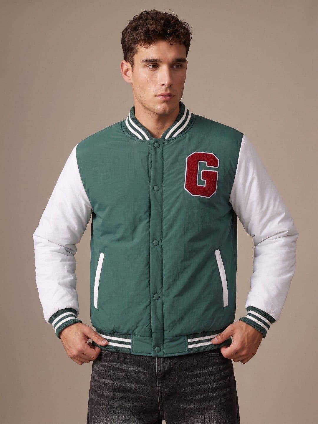 glitchez Typography Applique Stand Collar Relaxed Fit Bomber Jacket - view 1