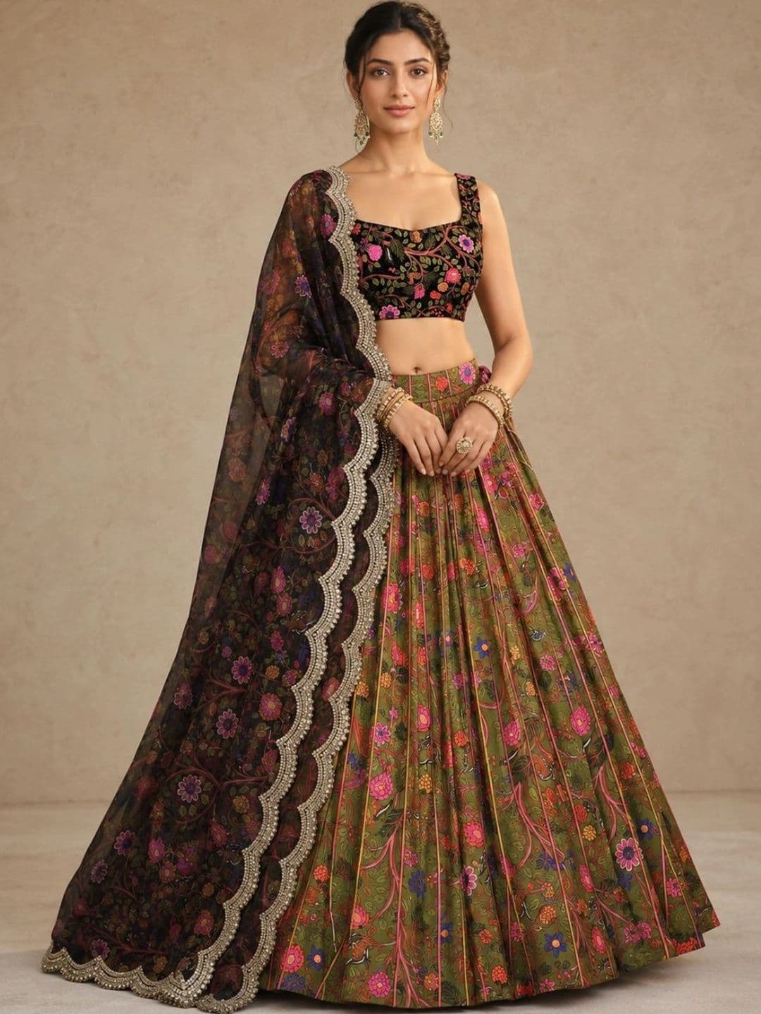 Kaizen TEXO FAB Embroidered Thread Work Semi-Stitched Lehenga & Unstitched Blouse With Dupatta - view 1