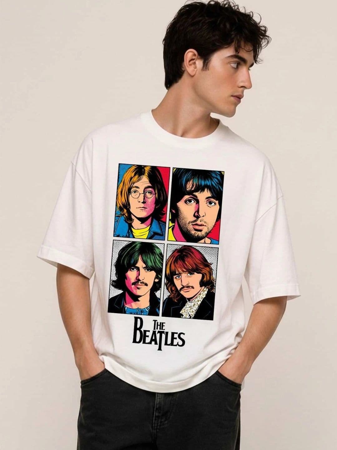 Hazuku Men's Off-White The Beatles Pop Art Graphic Printed Oversized T-Shirt - view 1