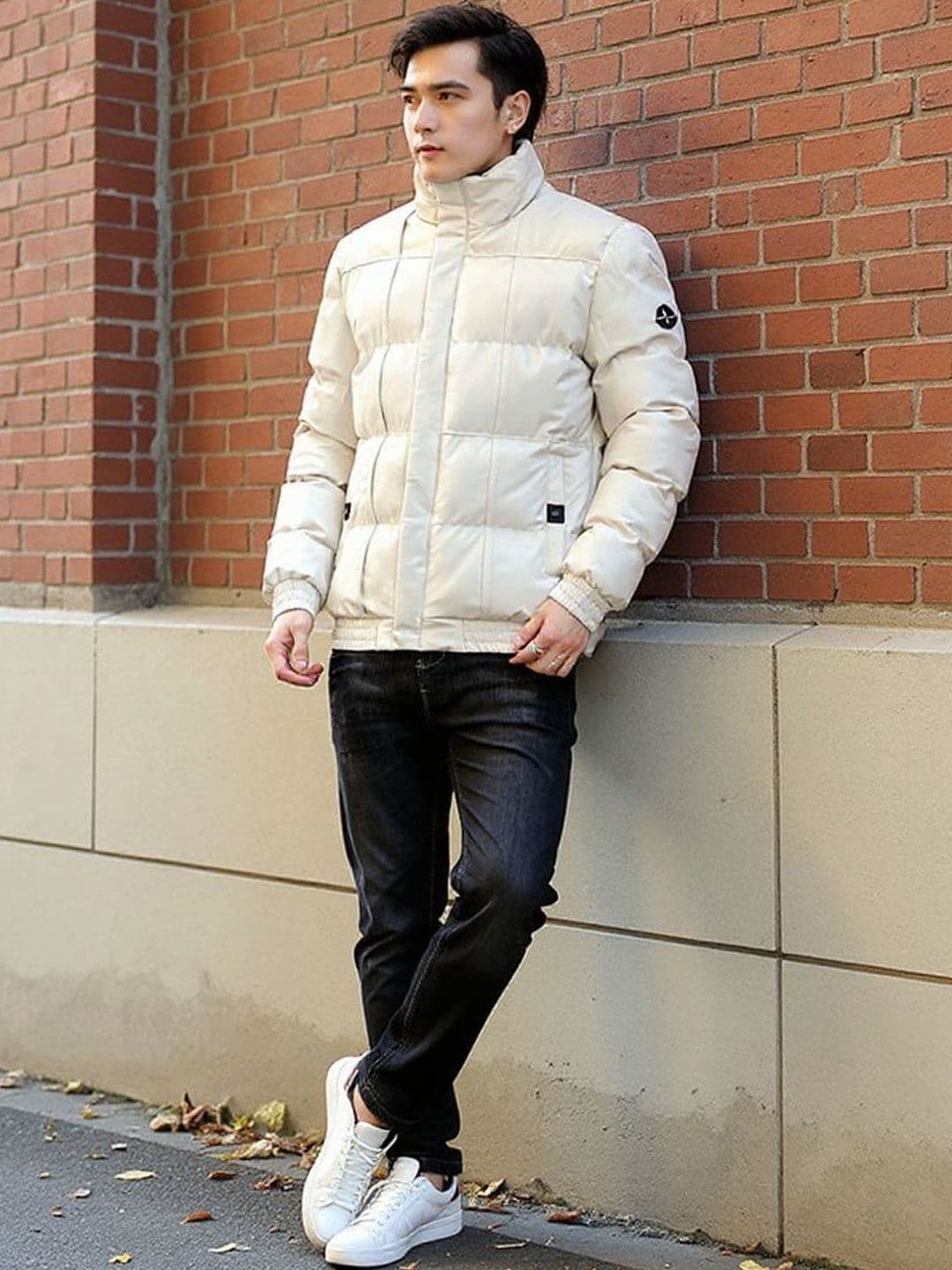 HERE&NOW Men White Solid Cotton Mock Collar Long Sleeves Puffer Jackets - view 1