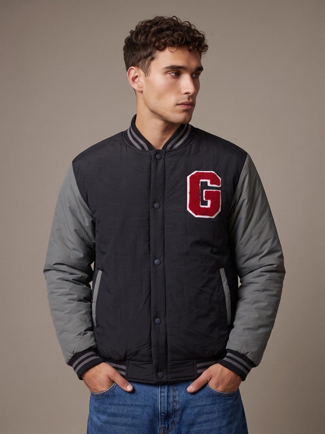 glitchez Typography Applique Stand Collar Relaxed Fit Bomber Jacket - view 1